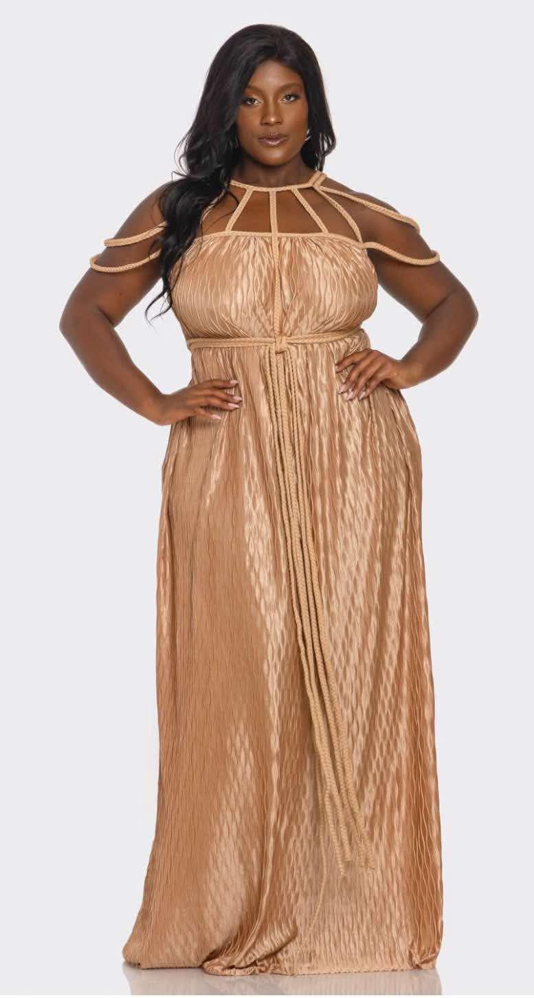 Plus Size Tan Wavy Pleatedbraided Rope Design Maxi Dress