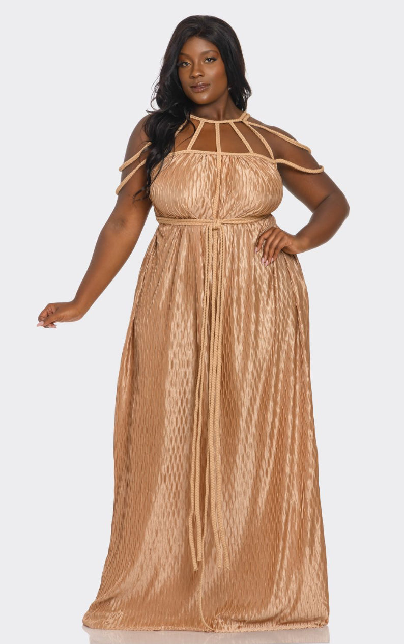 Plus Size Tan Wavy Pleatedbraided Rope Design Maxi Dress