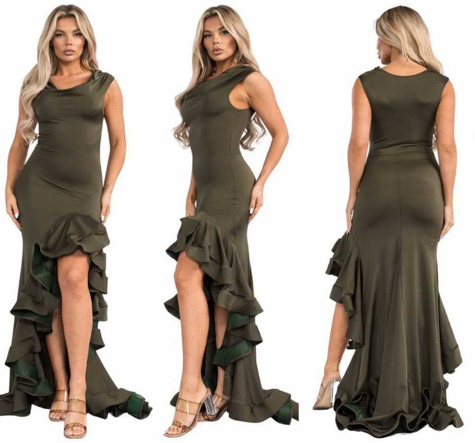 Dark Green Ruffle Knee-Length Split Dress