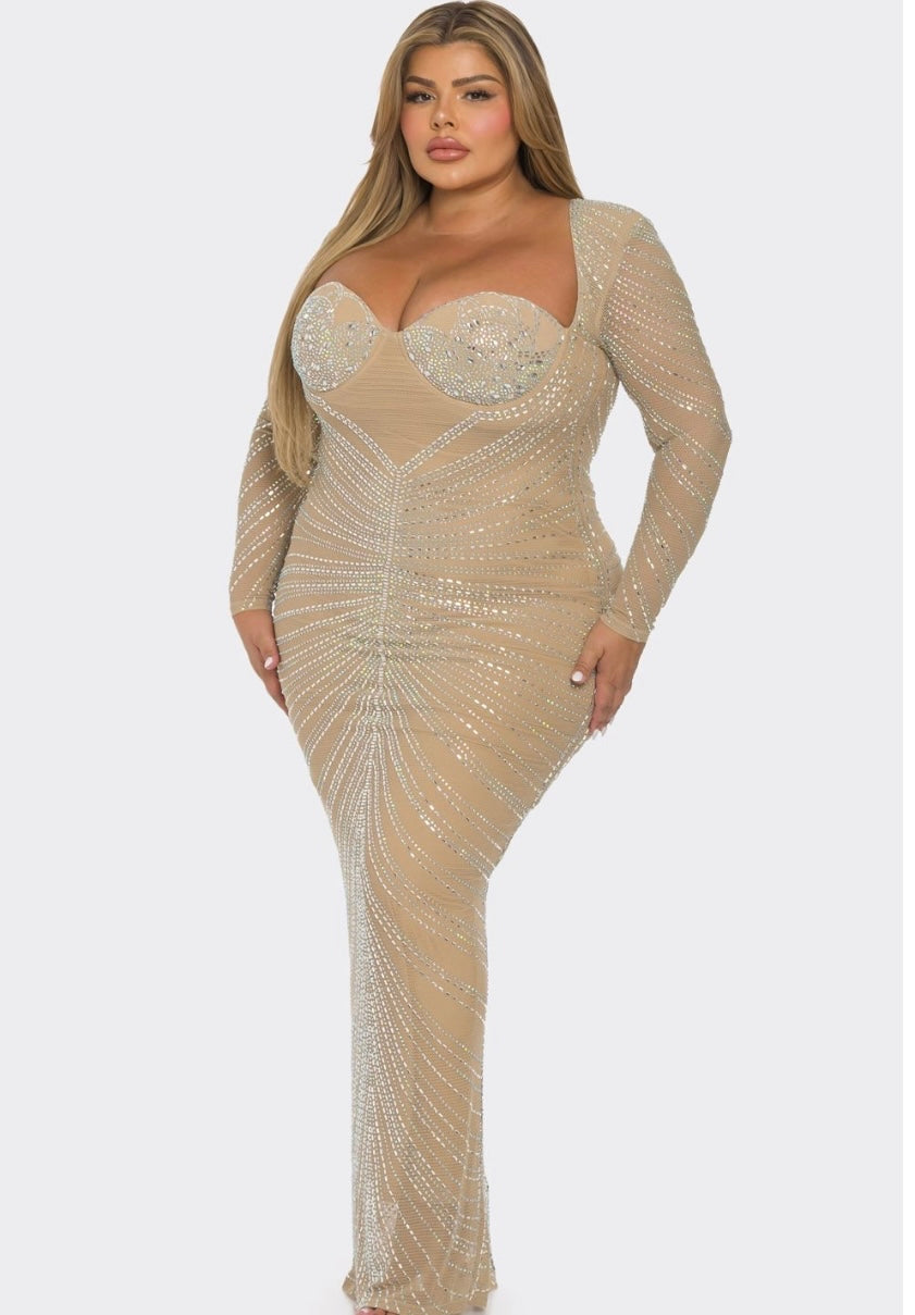 Glam Glam Plus Size Tan Rhinestones Fishnet Maxi Dress