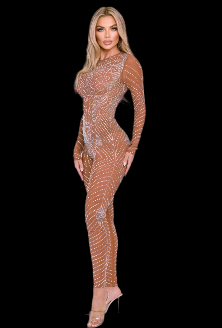 Stunning Rhinestone Sheer Mesh Long Sleeve Jumpsuit