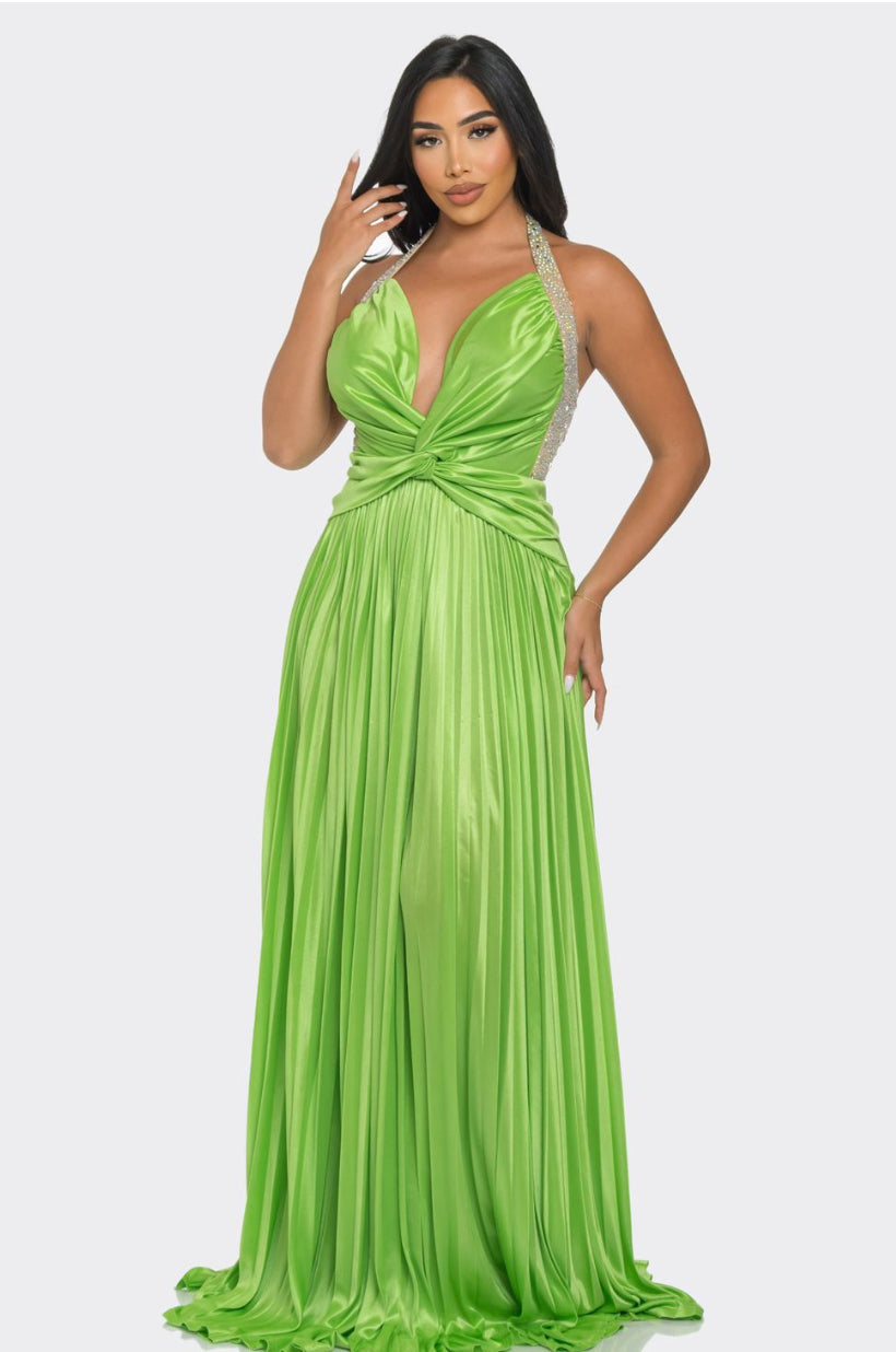 Pretty Green Rhinestone Pleated Maxi Dress