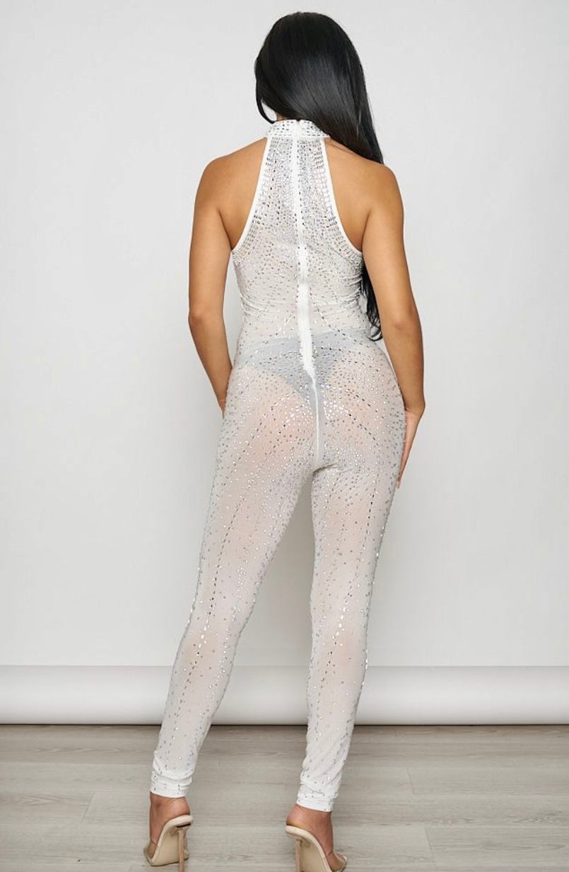 White Rhinestones Jump Suit