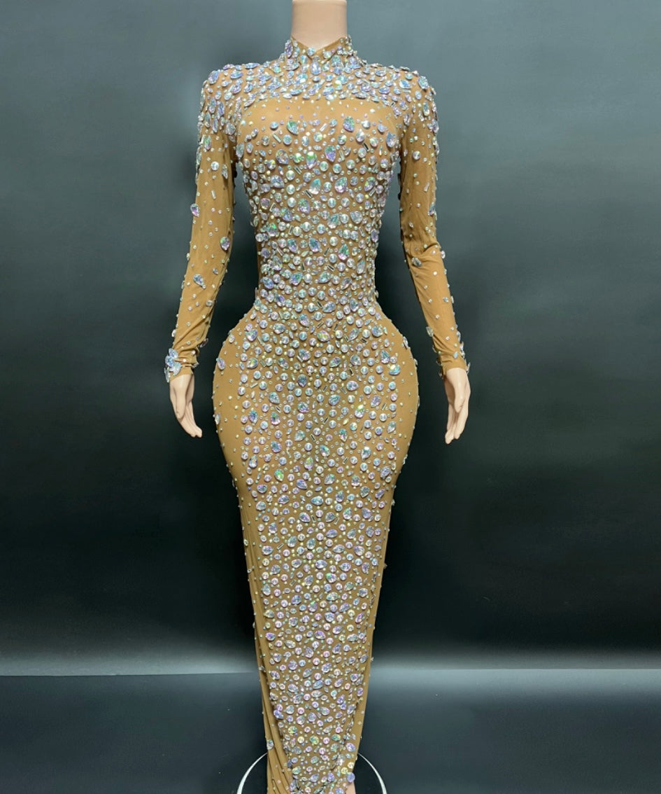 Iridescent Crystal Rhinestone LongSleeve High Neck Bling Gown