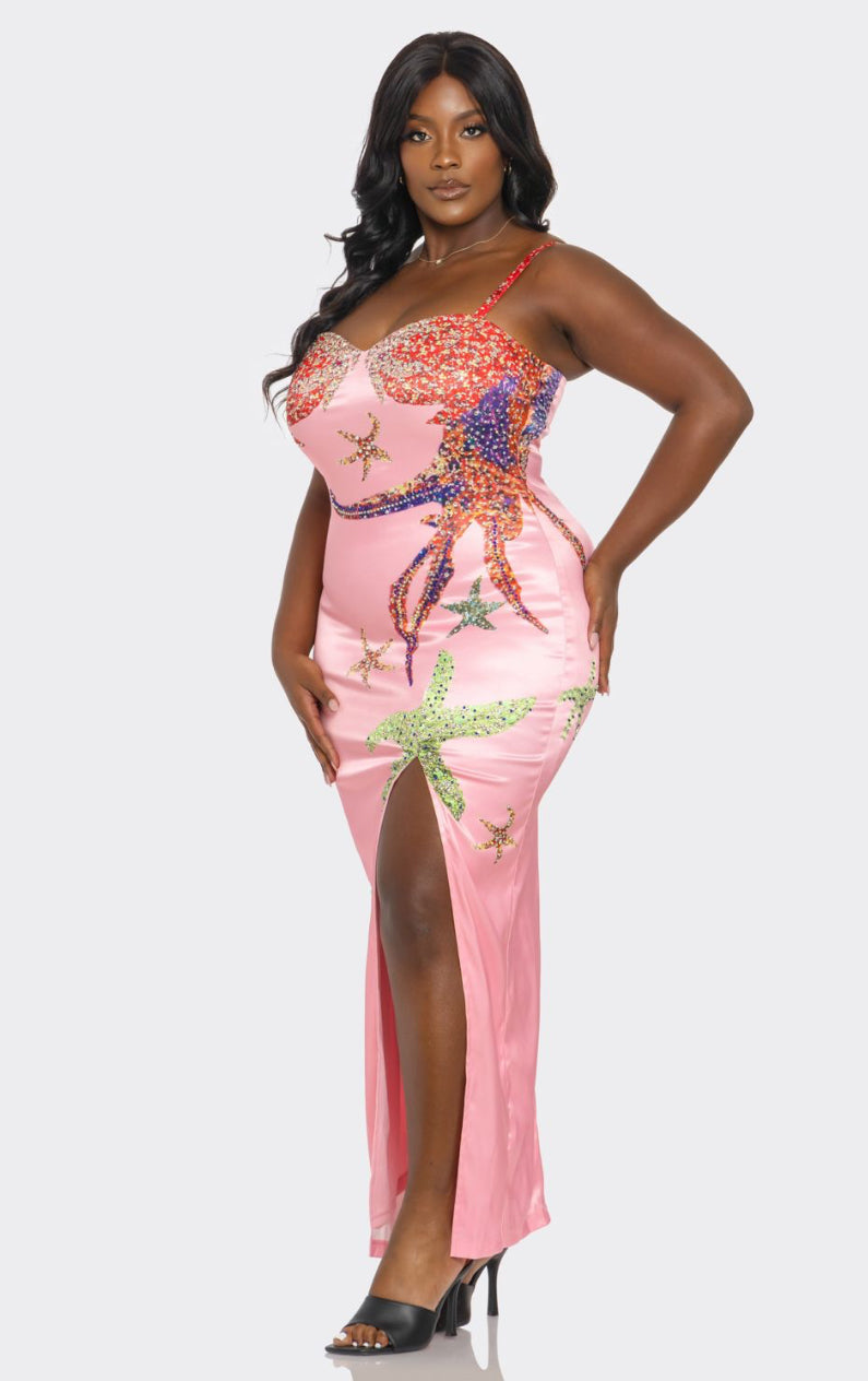 Sexy Light Pink Satin Starfish Print Sleeveless Maxi Dres
