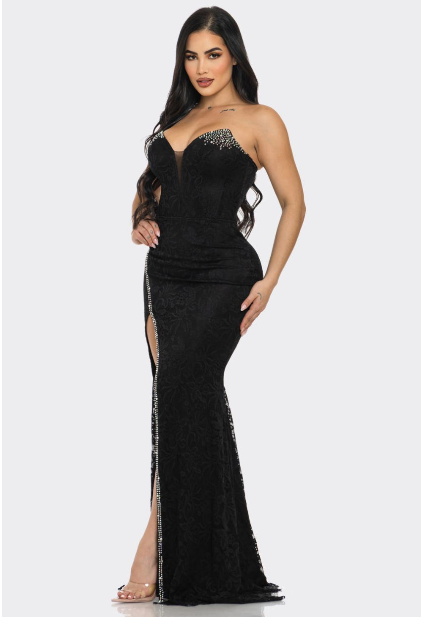 Get Sexy For Daddy Dress /. Black Floral Lace Rhinestone Off Shoulder Maxi Dress