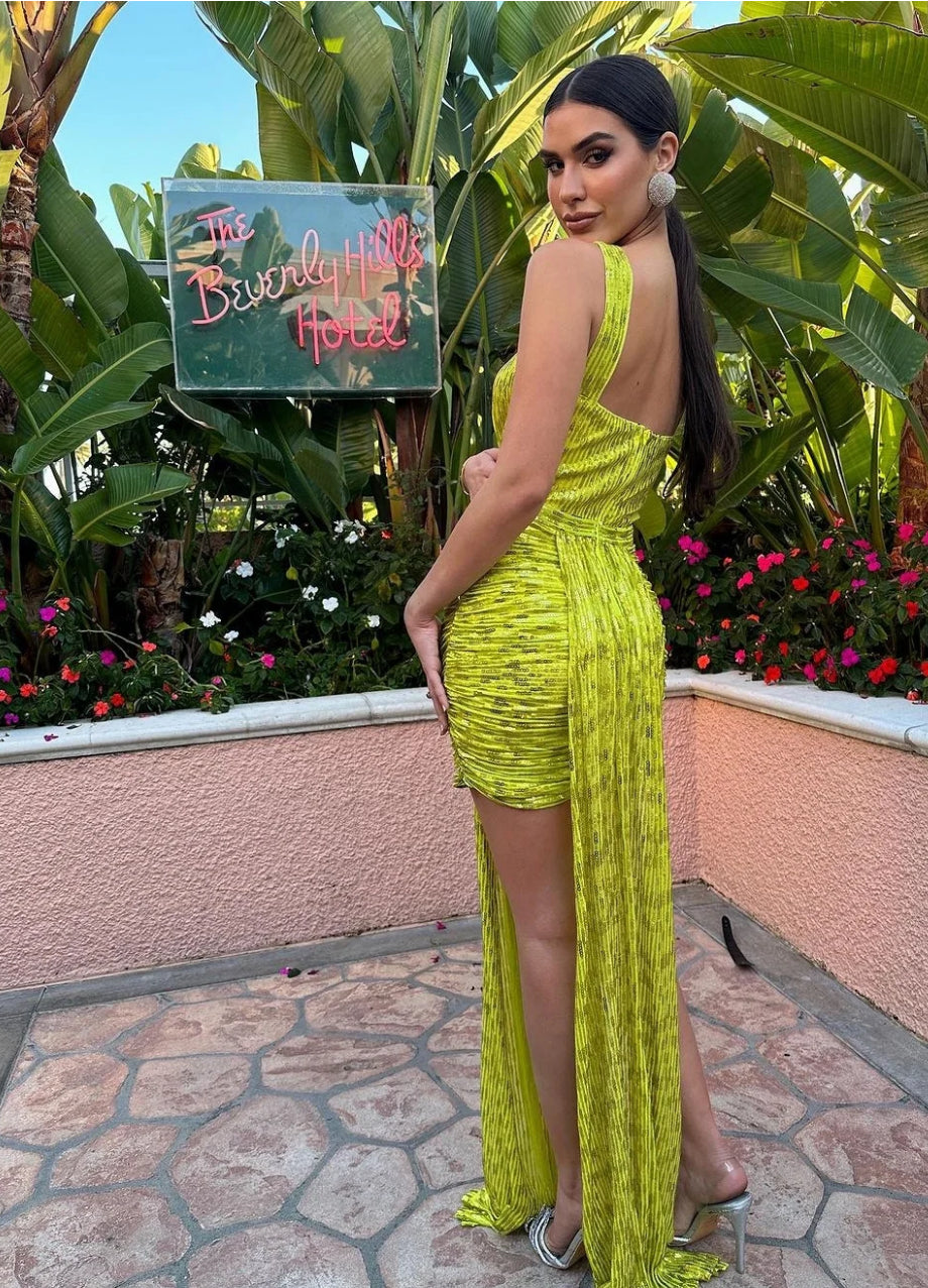 Beautiful Yellow Sequin Ruched Sleeveless Dress