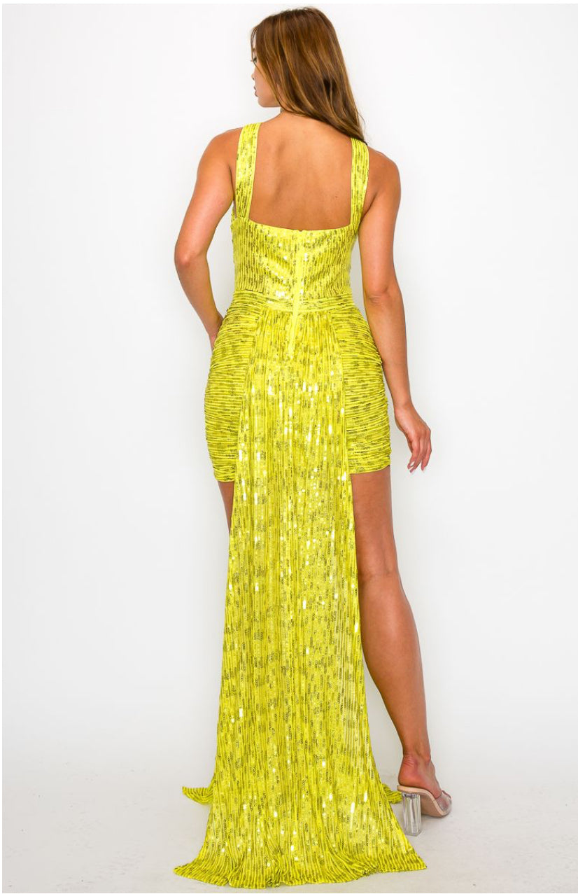 Beautiful Yellow Sequin Ruched Sleeveless Dress
