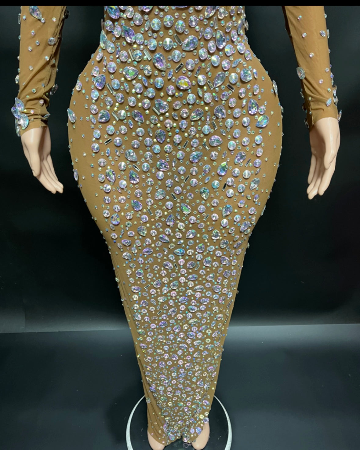 Iridescent Crystal Rhinestone LongSleeve High Neck Bling Gown