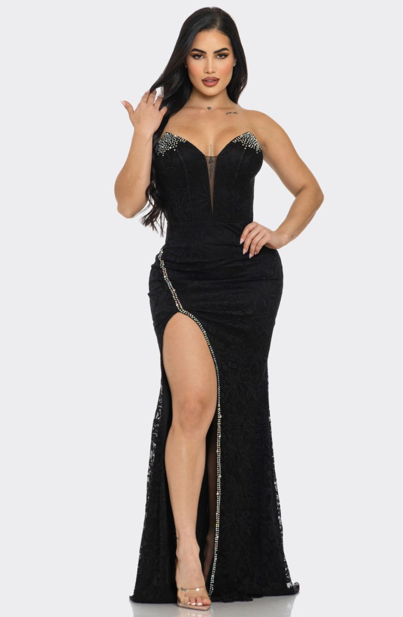Get Sexy For Daddy Dress /. Black Floral Lace Rhinestone Off Shoulder Maxi Dress
