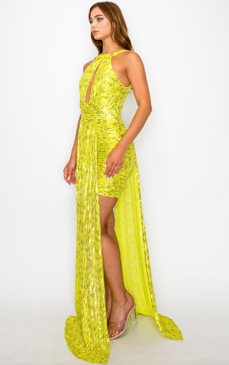 Beautiful Yellow Sequin Ruched Sleeveless Dress