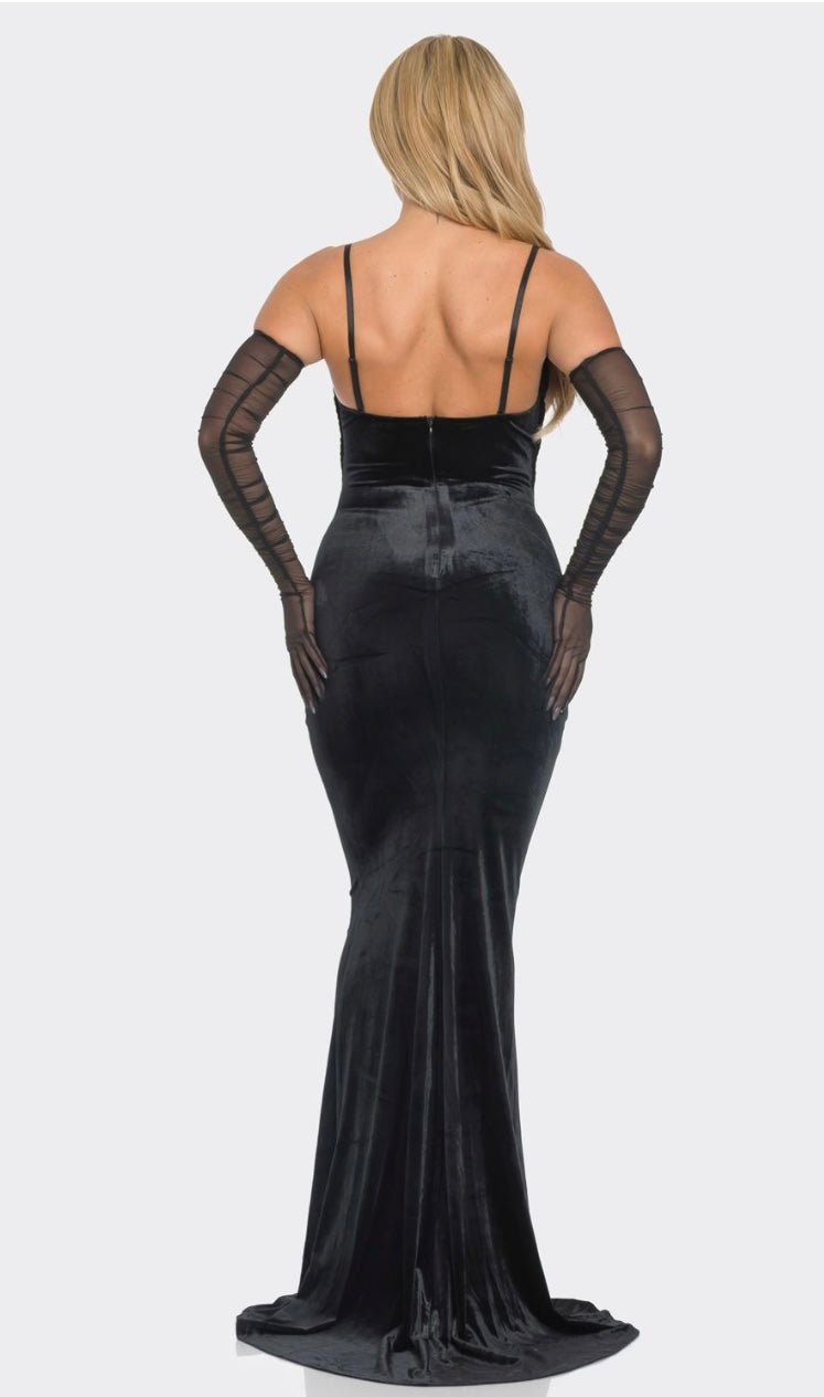 Sexy Black Velvet Braided Rope Maxi Dress