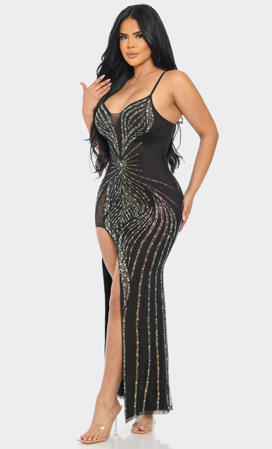 Who’s that Sexy Lady /  Black Iridescent Rhinestone Embellished Maxi Dress