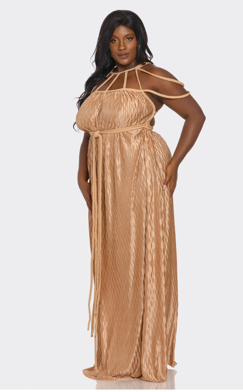 Plus Size Tan Wavy Pleatedbraided Rope Design Maxi Dress