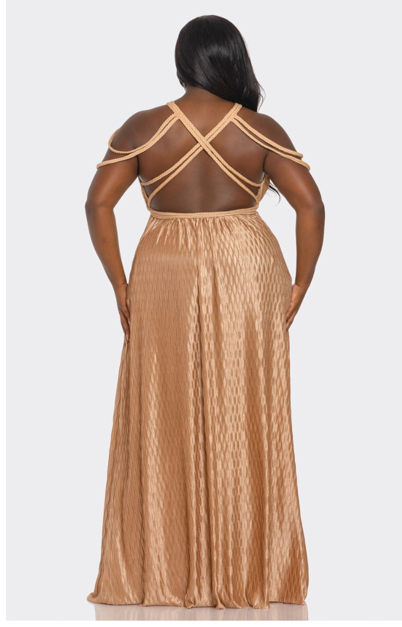 Plus Size Tan Wavy Pleatedbraided Rope Design Maxi Dress