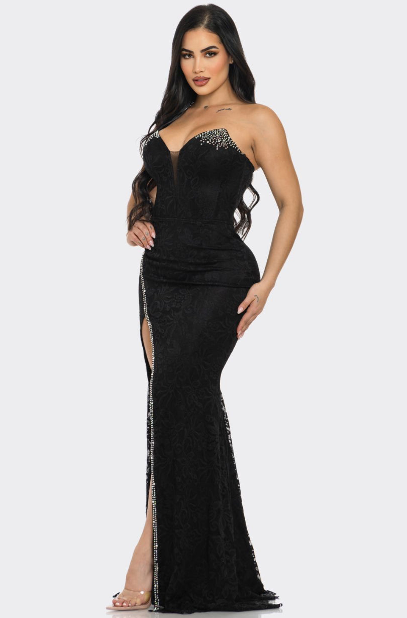 Get Sexy For Daddy Dress /. Black Floral Lace Rhinestone Off Shoulder Maxi Dress