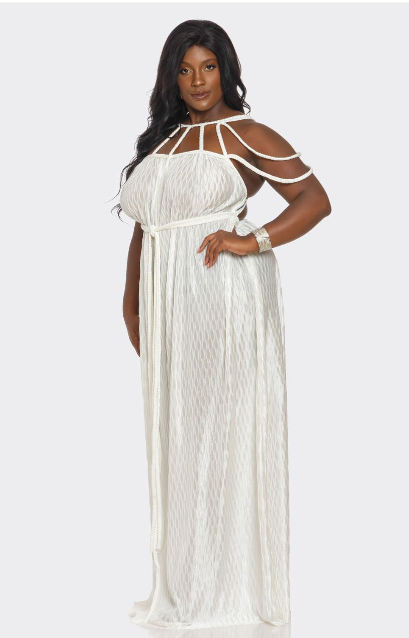 White Plus Size Wavy Pleatedbraided Rope Design Maxi Dress