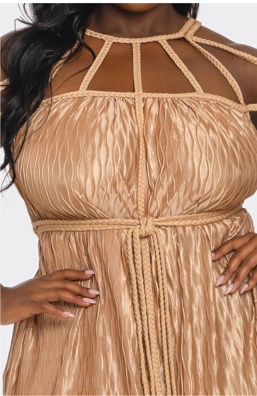Plus Size Tan Wavy Pleatedbraided Rope Design Maxi Dress