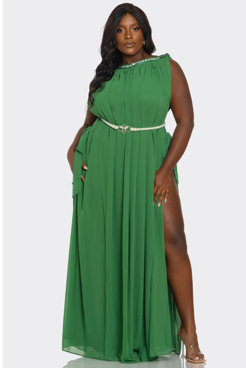 Plus Size Green - One-shoulder Sleeveless Solid Color Long Dress