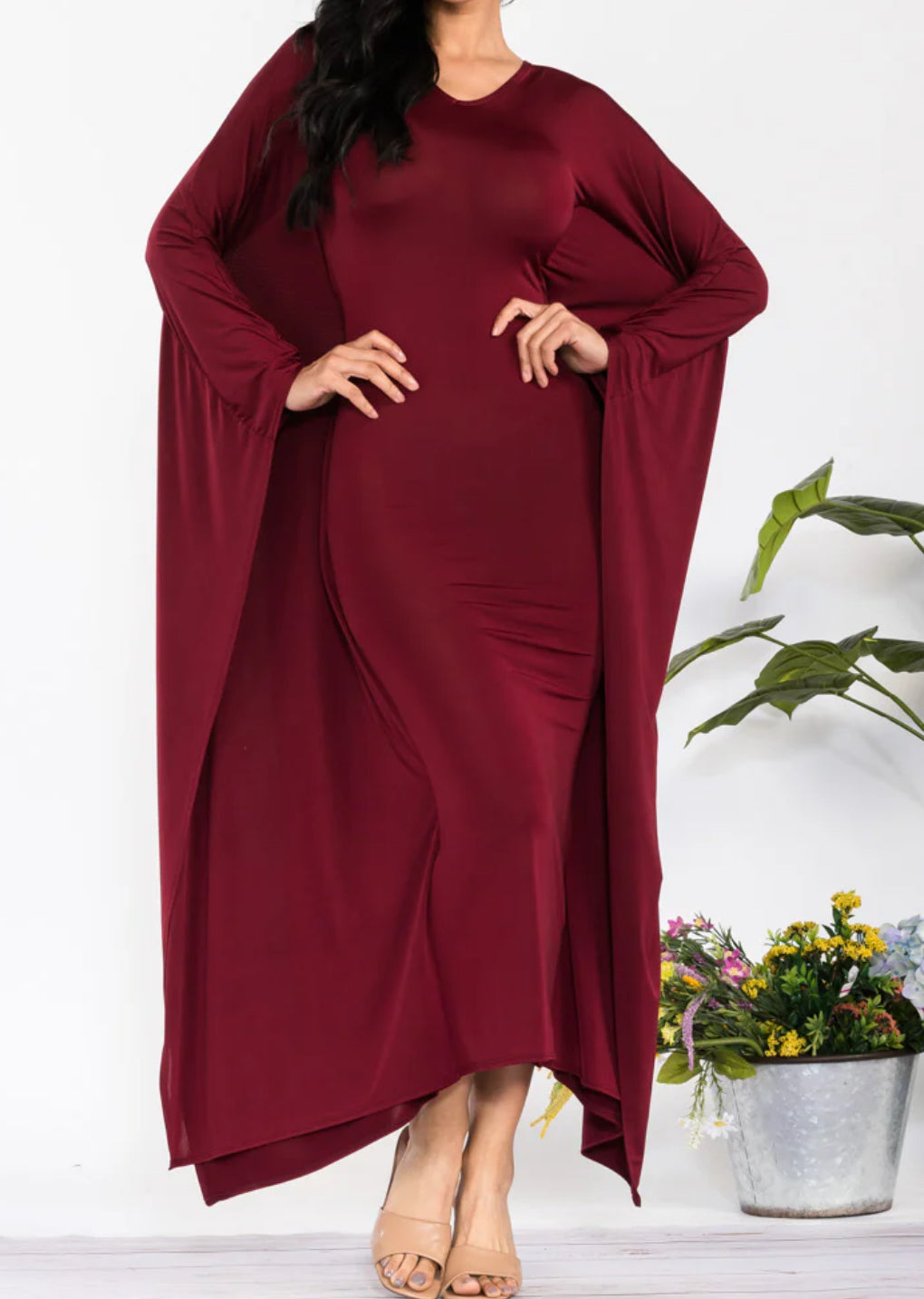 Ms Lovely Lady Burgundy V Neck LONG SLEEVE DRAPE MAXI DRESS
