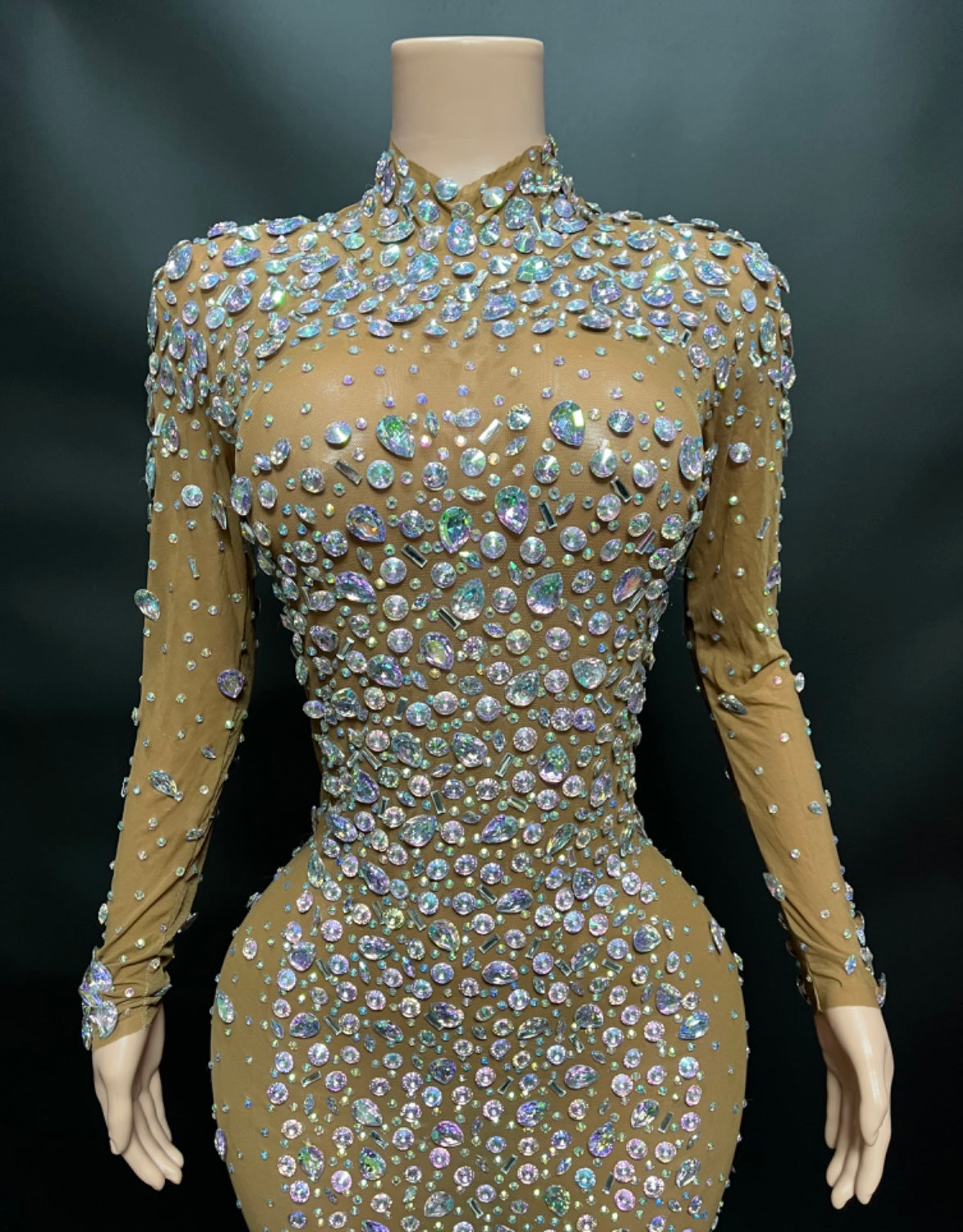 Iridescent Crystal Rhinestone LongSleeve High Neck Bling Gown