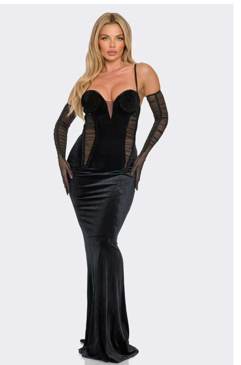 Sexy Black Velvet Braided Rope Maxi Dress