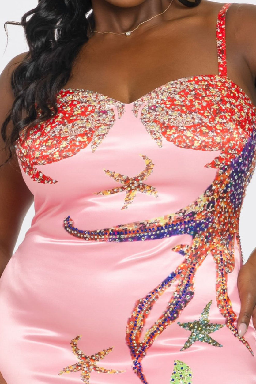 Sexy Light Pink Satin Starfish Print Sleeveless Maxi Dres