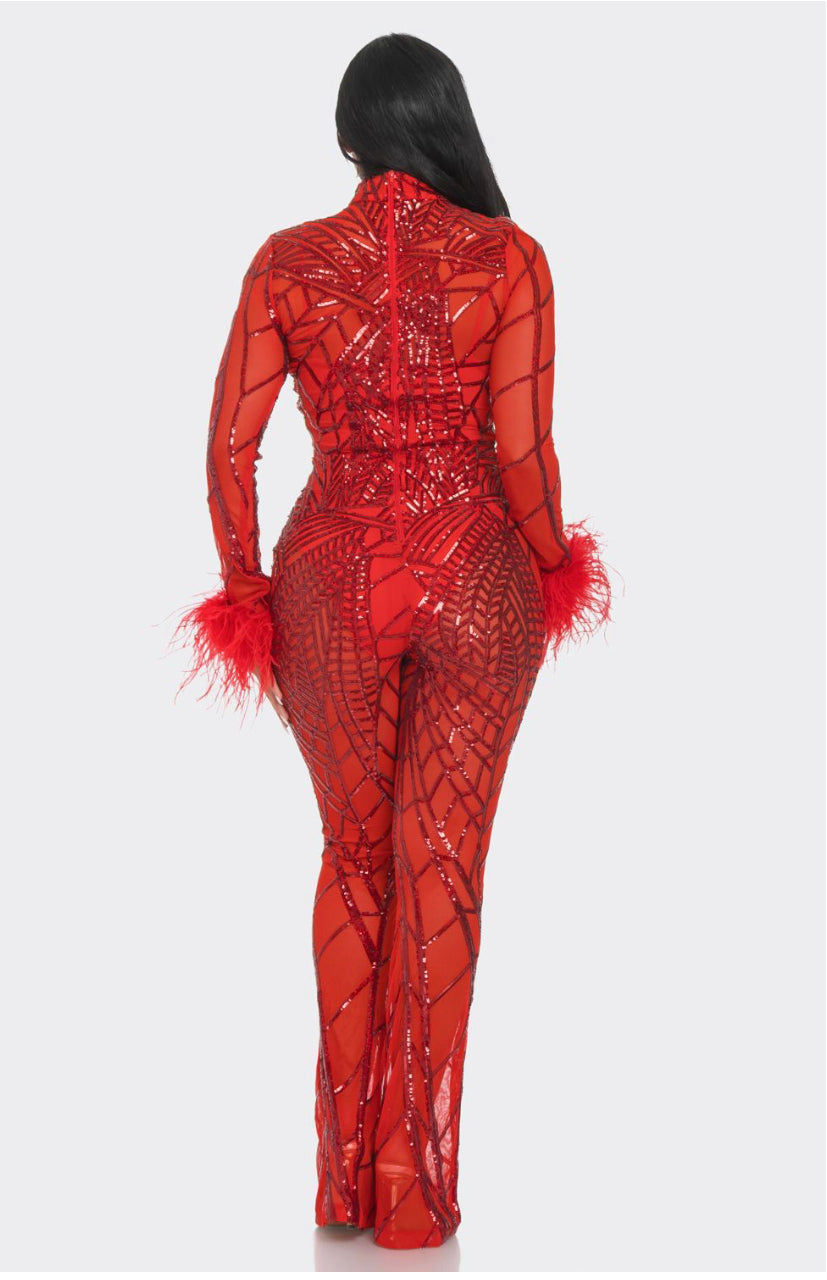 Red Sequin Mesh Long Sleeve Jumpsuit