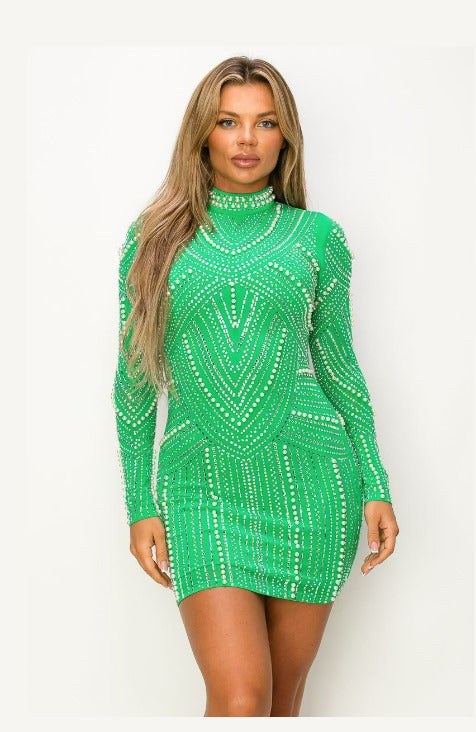 Rhinestones And Pearls Mini Green Dress