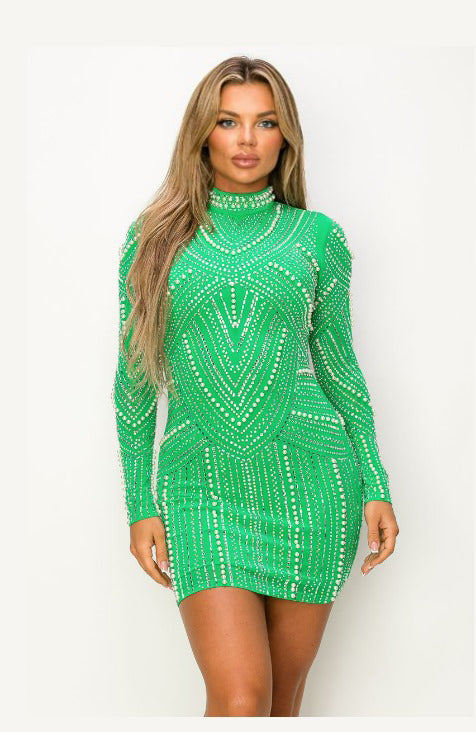 Rhinestones And Pearls Mini Green Dress