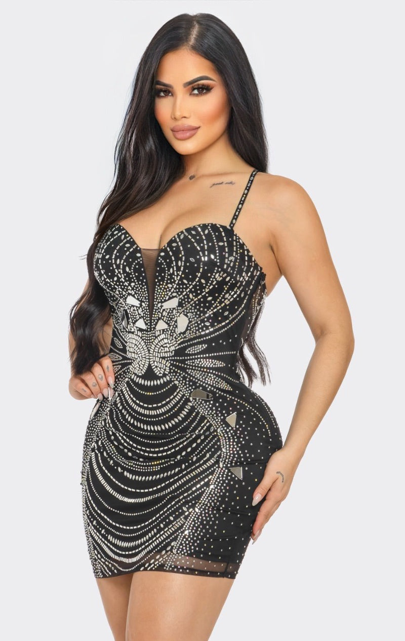 Black Black Mirror Rhinestone Embellished Bodycon Dress