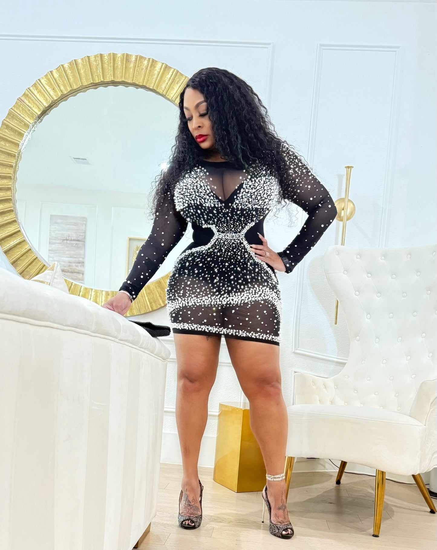 Channel Pearls and Diamonds See Through Mesh Mini Party Dress