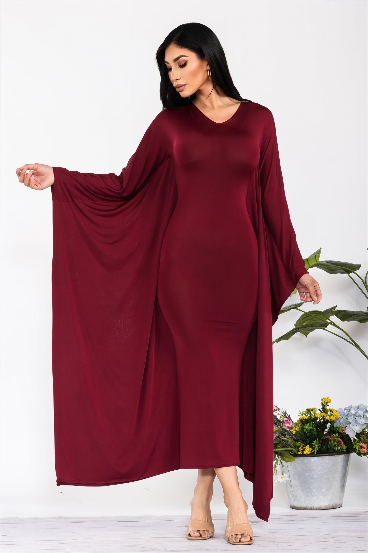 Ms Lovely Lady Burgundy V Neck LONG SLEEVE DRAPE MAXI DRESS