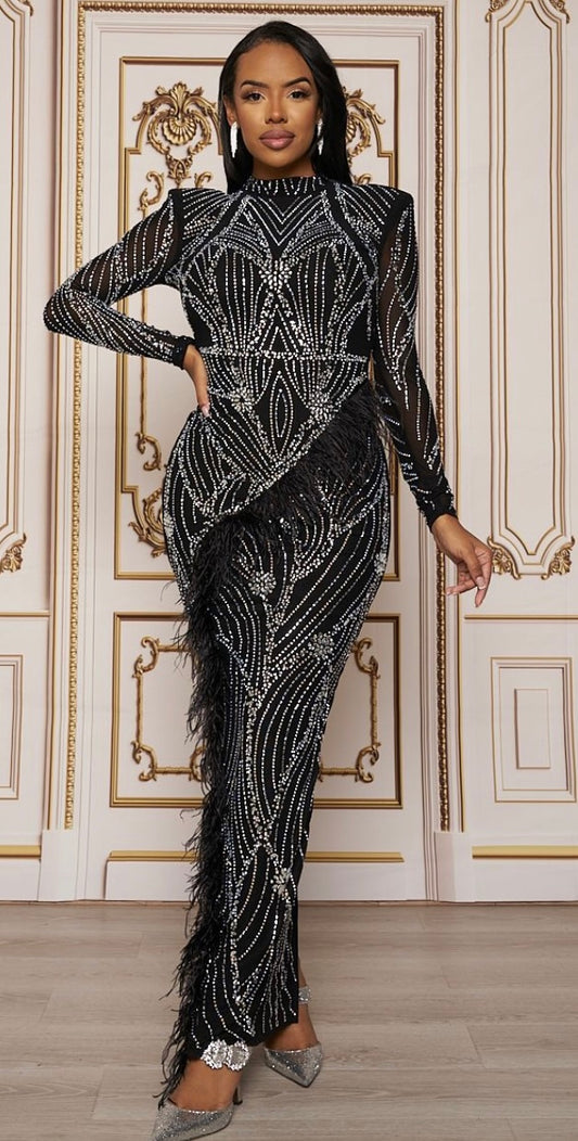 Bring the Wow Factor to your next party with this Rhinestone Long Sleeve Maxi Dress