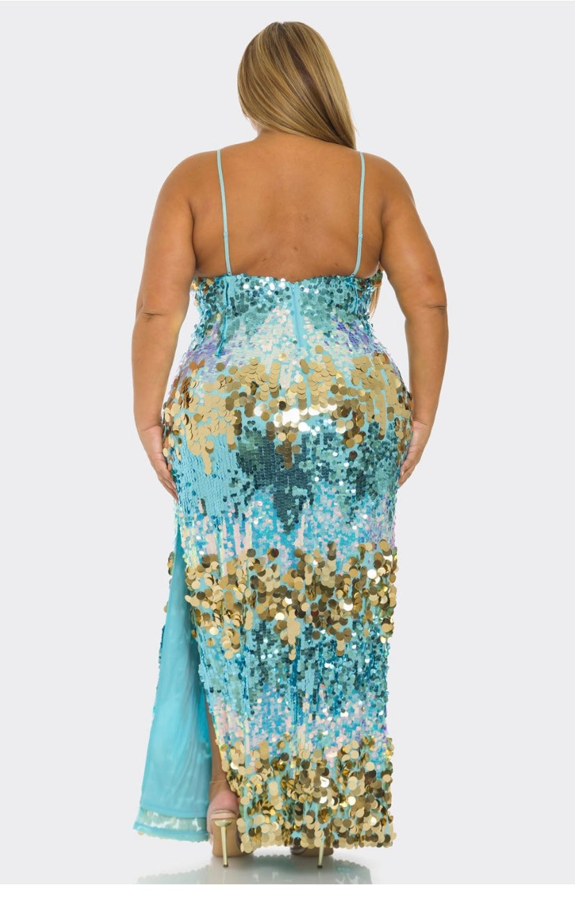 Tiffany Blue Multi Color Disc Sequin Maxi Dress