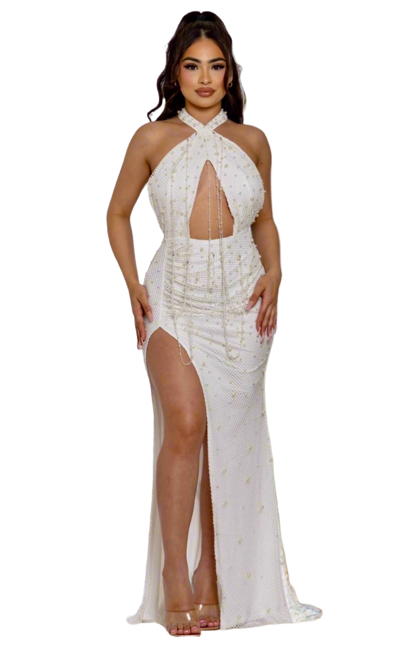 White Fishnet Pearl Studded Crossover Neck Maxi Dress