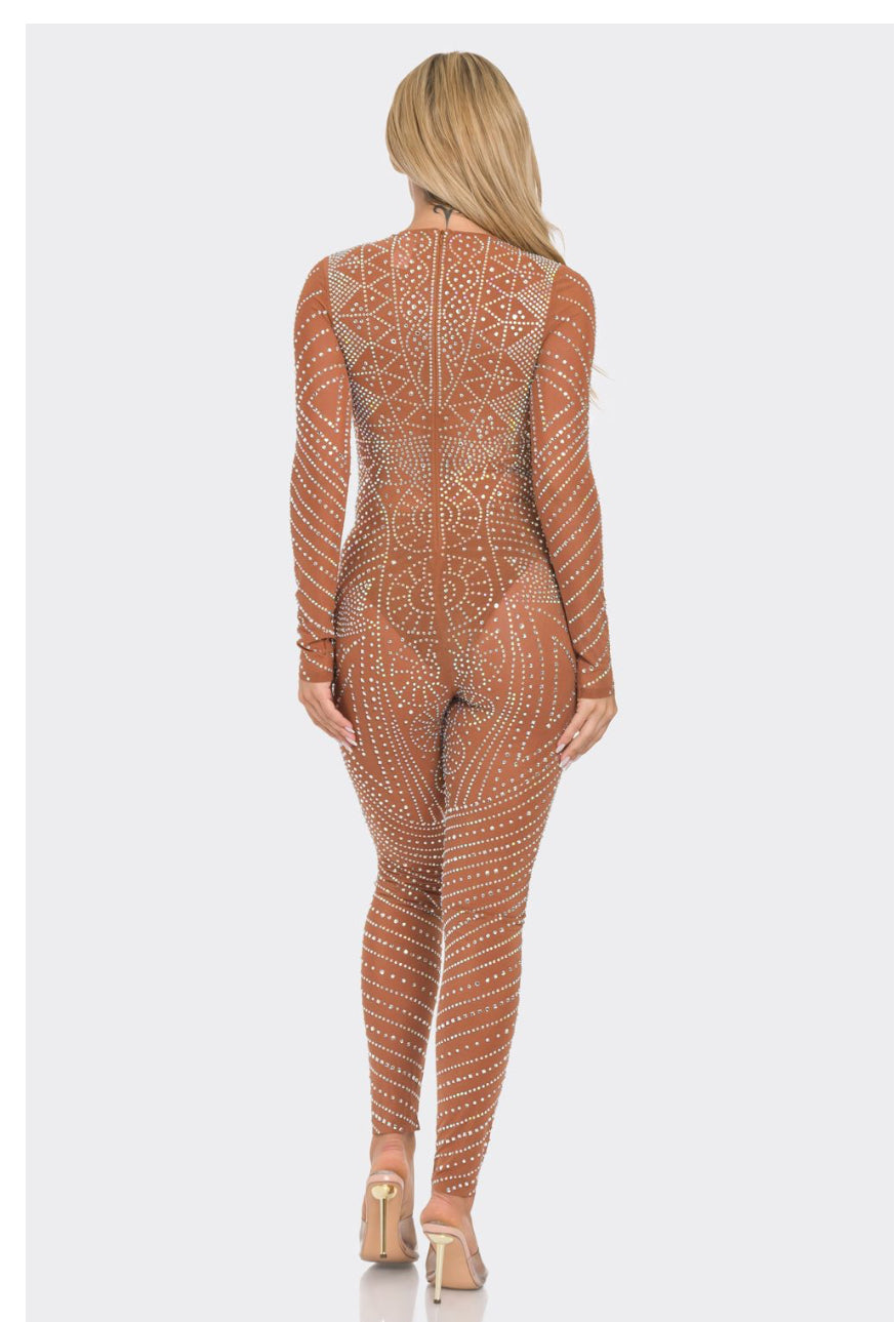 Stunning Rhinestone Sheer Mesh Long Sleeve Jumpsuit