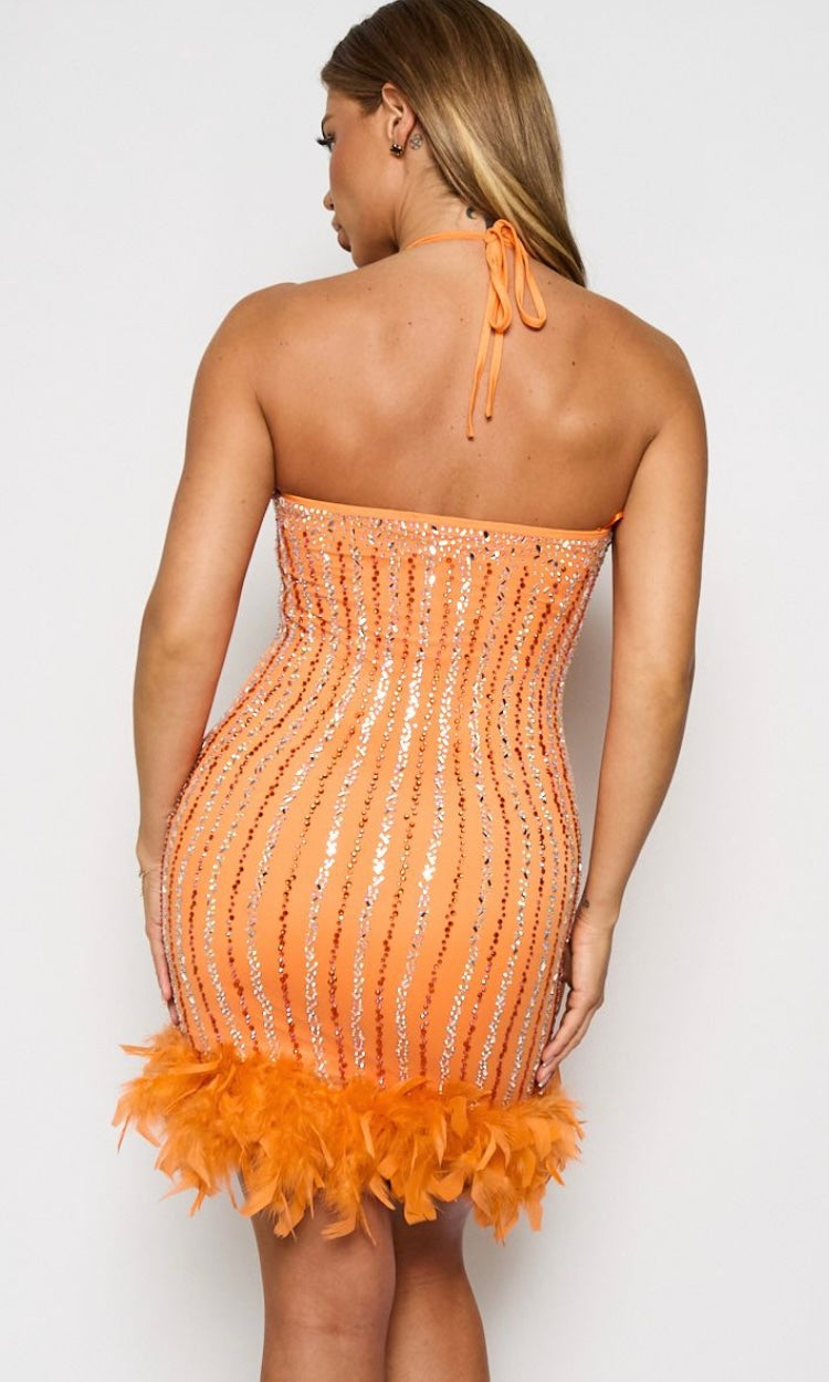 Dreamy Orange Rhinestone Halter Neck Mini Dress