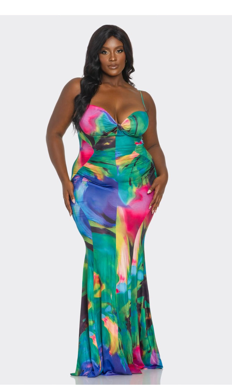 Plus Ms lady Green Multi Abstract Print Maxi Sun Dress