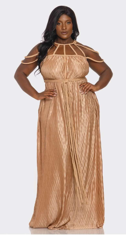 Plus Size Tan Wavy Pleatedbraided Rope Design Maxi Dress