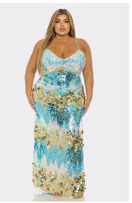 Tiffany Blue Multi Color Disc Sequin Maxi Dress