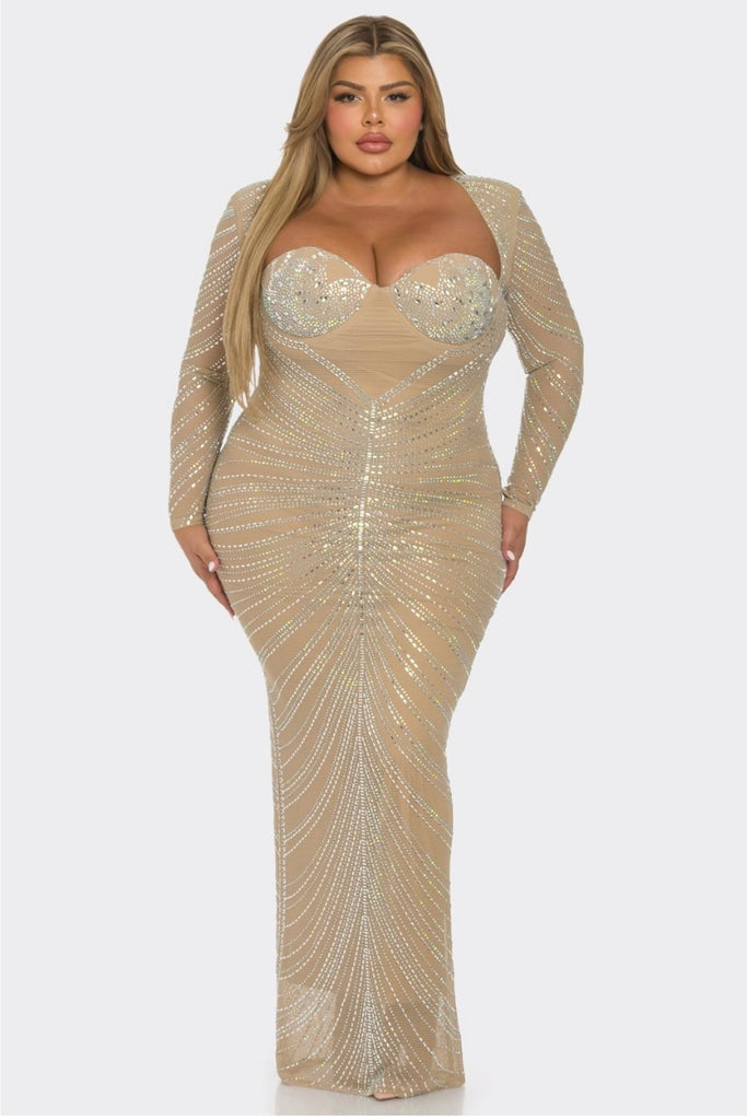 Glam Glam Plus Size Tan Rhinestones Fishnet Maxi Dress