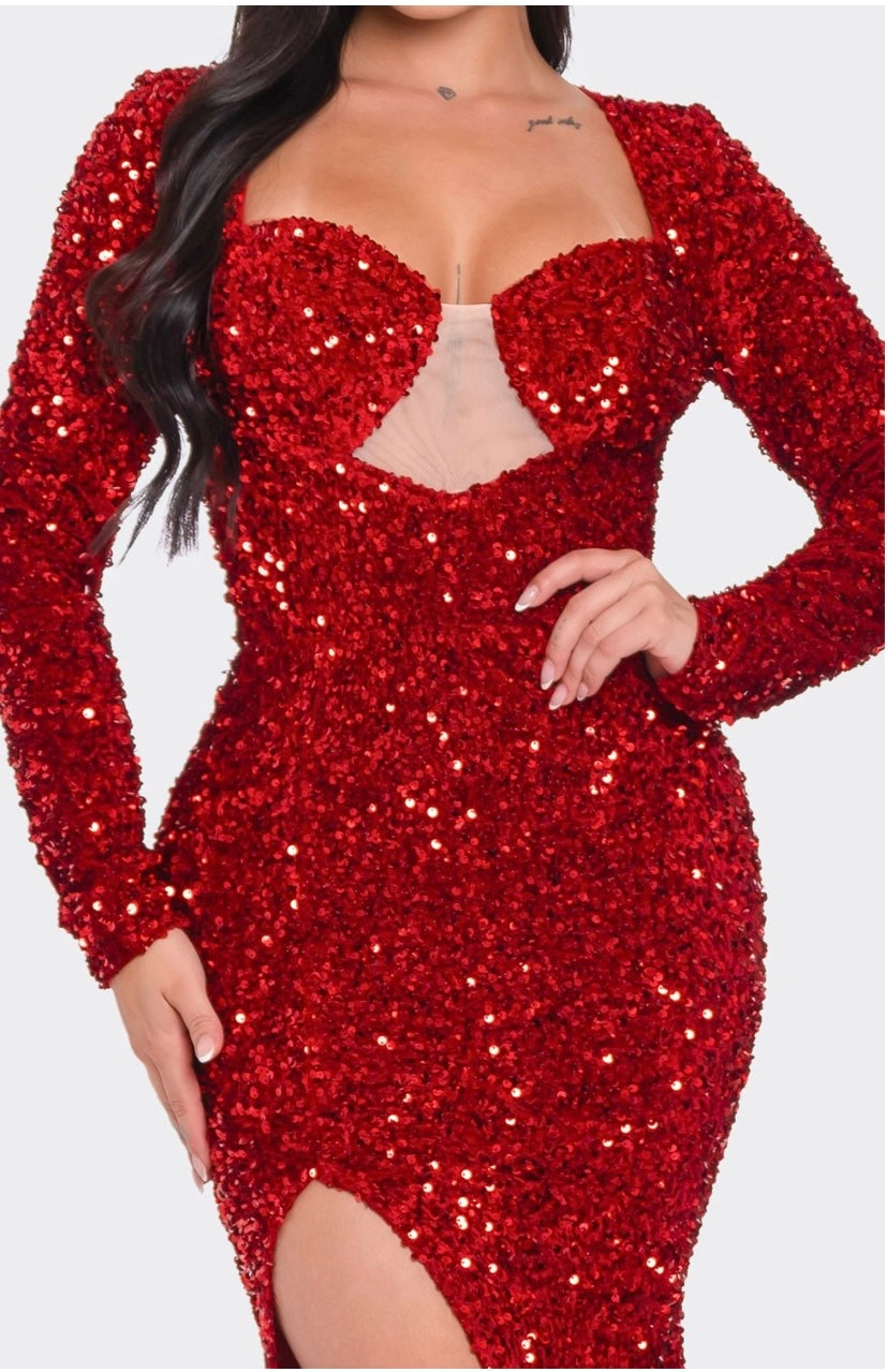 Stunning Holiday Red Sequin  Long Sleeve Maxi Dress