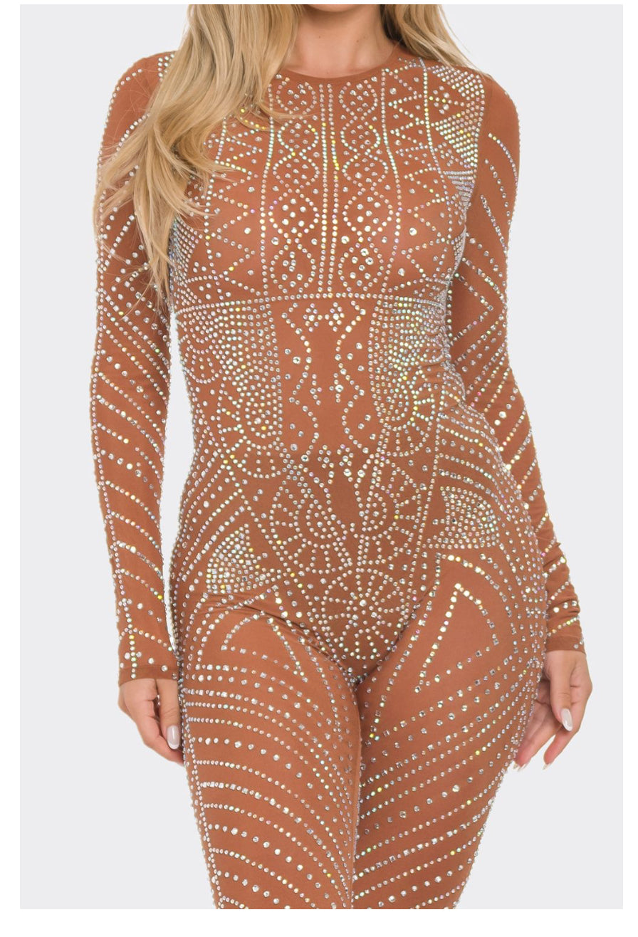 Stunning Rhinestone Sheer Mesh Long Sleeve Jumpsuit