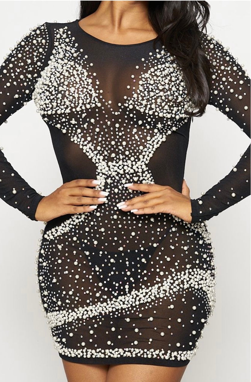 Channel Pearls and Diamonds See Through Mesh Mini Party Dress