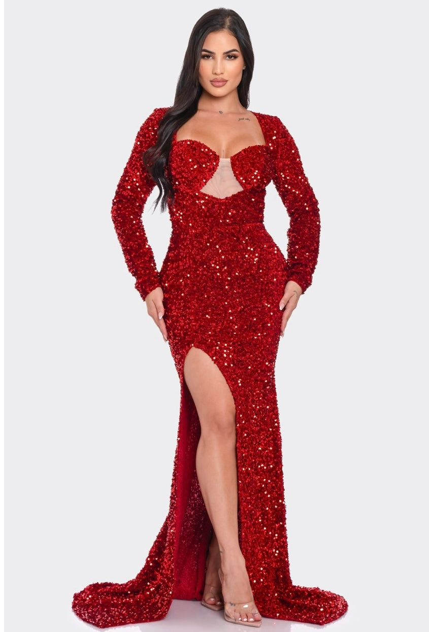 Stunning Holiday Red Sequin  Long Sleeve Maxi Dress