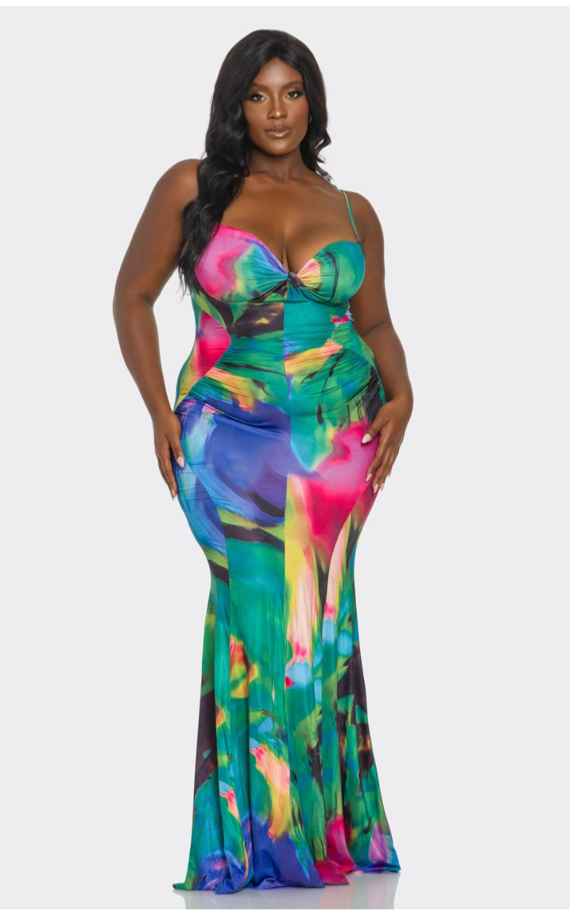 Plus Ms lady Green Multi Abstract Print Maxi Sun Dress