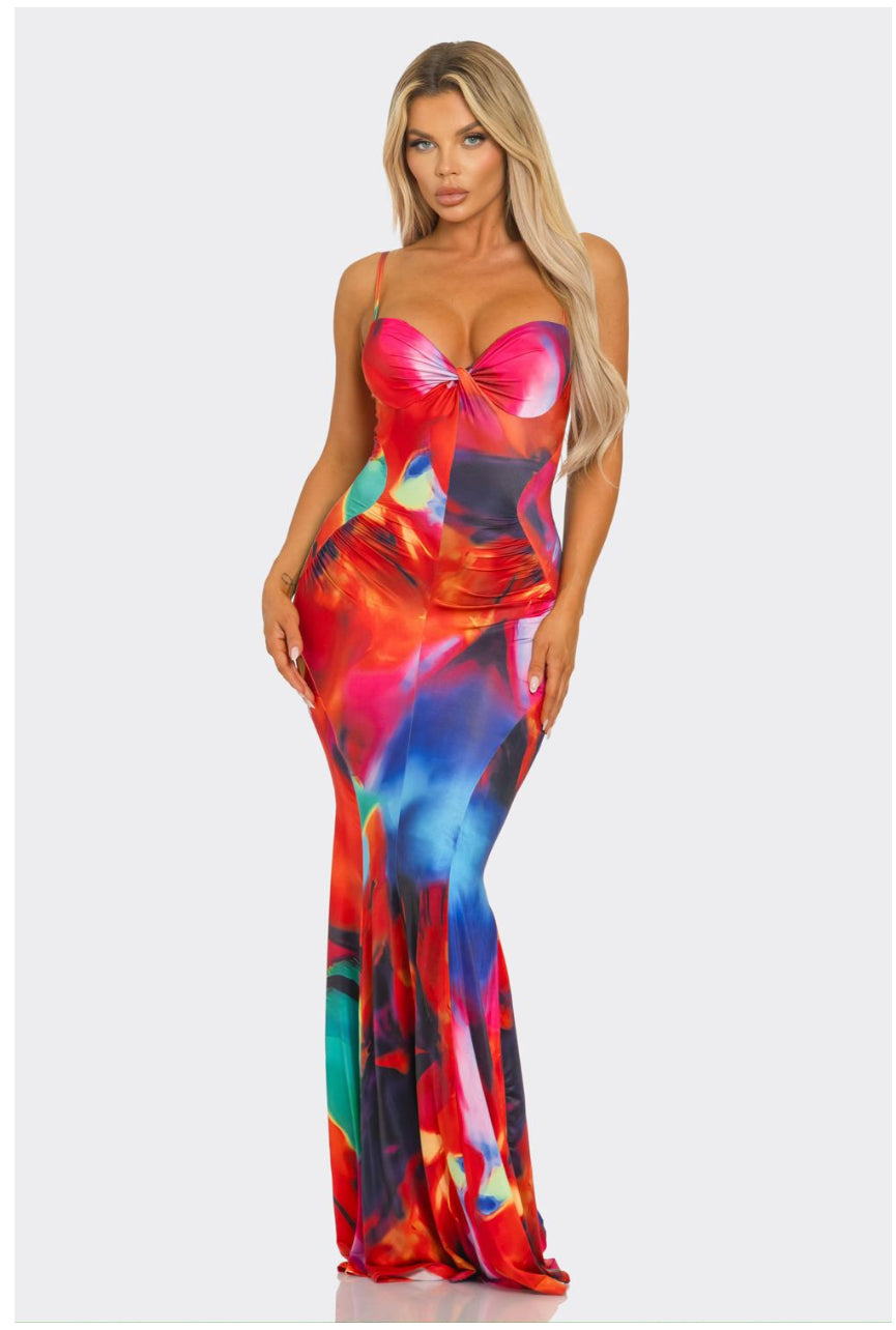 Ms lady Red Multi Abstract Print Maxi Sun Dress