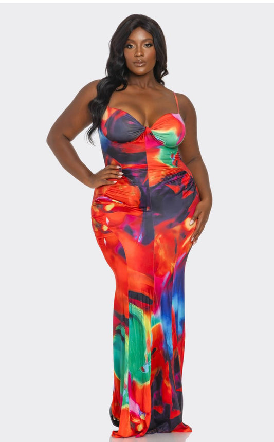 Plus Ms lady Red Multi Abstract Print Maxi Sun Dress