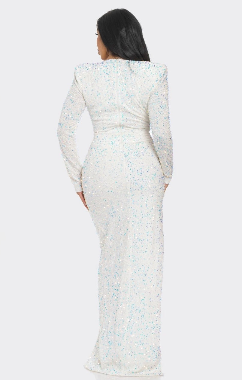 Pairs White Iridescent Sequin Maxi Long Sleeve Dress